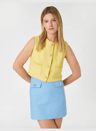 Button and Pocket Detail Tweed Mini Skirt