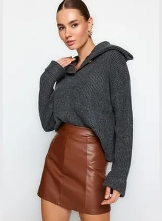 Brown Imitation Leather High Waist Knitted Mini Skirt With Rayons TWOAW24ET00154