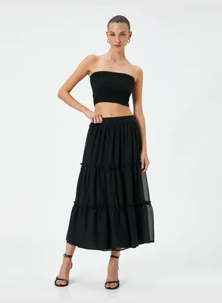 High Rise Elastic Waist Voluminous Midi Skirt