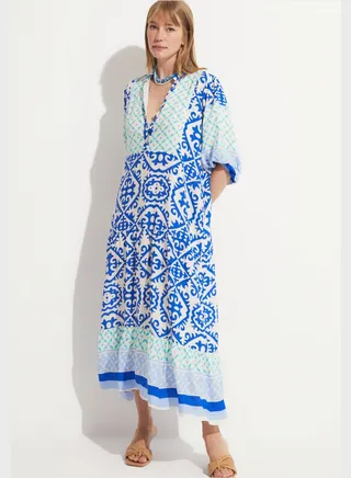 Balloon Sleeve V-Neck Button Detail Dress