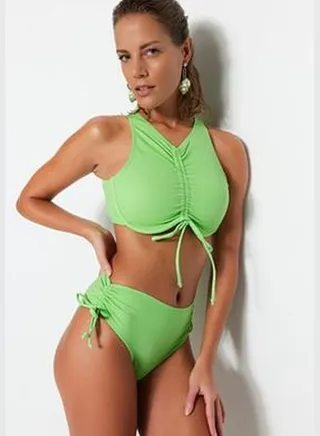 Green Tunnel High Waist Bikini Bottoms With Regular Legs TBESS23BA00126