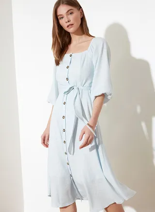 Button Detail Puff Sleeve Dress