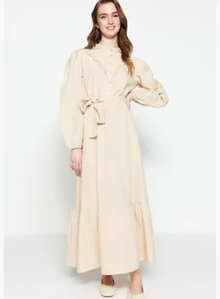 Beige Collar, Embroidered, Tie Waist Woven Dress TCTSS23EB00206