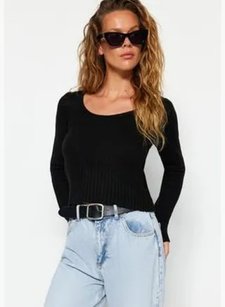 Black Crop Soft Textured Wool Knitwear Sweater TWOAW24KZ00950