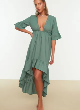 Plunge Neck Ruffle Detail High Low Dress