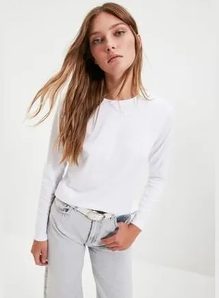 White 100% Cotton Long Sleeved Crew Neck Regular/Regular Fit Basic Knitted T-Shirt TWOAW21TS0098.