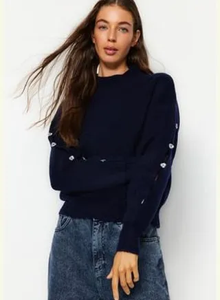 Navy Blue Soft Textured Button Detailed Knitwear Sweater TWOAW24KZ00384
