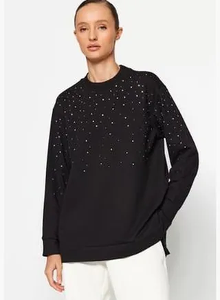 Black Stone Detailed Knitted Tunic with slits at the sides TCTAW24UK00012
