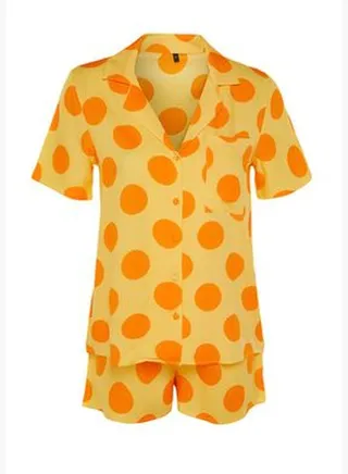 Yellow Multi-Colored Polka Dot Viscose Shirt-Shorts Woven Pajama Set