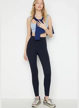 Navy Blue High Waist Knitted Gathering Elastic Waist Leggings TWOAW20TA0087