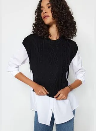 Black Shirt Sweater Combination Knitwear TWOAW24KZ01278
