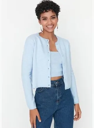 Blue Soft Textured Crop Button Detailed Blouse- Cardigan Knitwear Suit TWOAW21HI0107