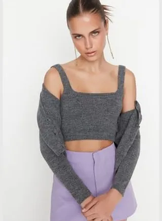 Anthracite Crop Soft-textured blouse-cardigan Sweater Suit Knitwear Cardigan TWOAW21HI0107