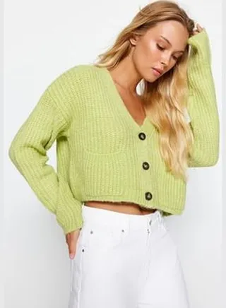 Pistachio Green Crop Soft Textured Knitwear Cardigan TWOAW24HI00292