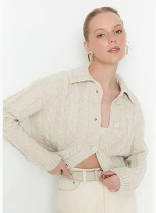 Stone Button Detailed Polo Neck Crop Knitwear Cardigan