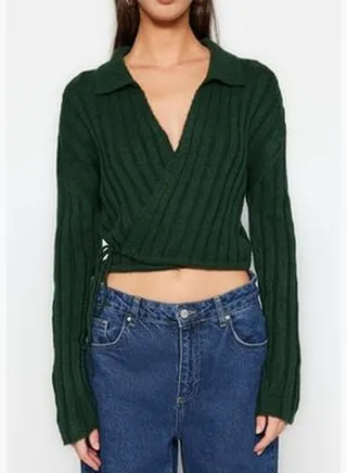 Emerald Green Soft Textured Polo Neck Knitwear Sweater TWOAW22KZ0841