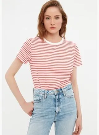 Red Striped Basic Knitted T-Shirt TWOSS21TS0904