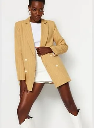 Camel Regular Lined Double Breasted Closure Striped Woven Blazer Jacket TWOAW23CE00100