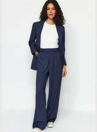 Navy Blue Wide Leg Striped Woven Trousers TWOAW24PL00365