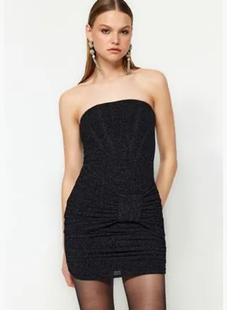 Navy Blue Slim Fit, Glittery Knitted Evening Dress TPRAW24EL00292