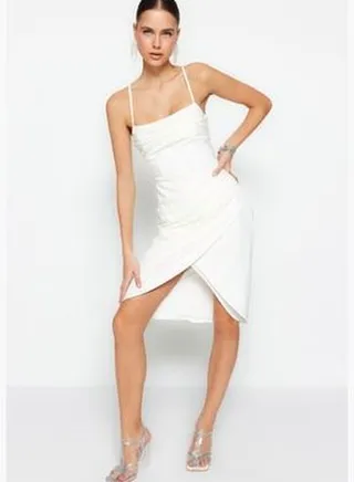 Ecru Double Breasted Evening Dress With Lining, Woven Wedding/Wedding Evening Dress TPRSS23EL00093