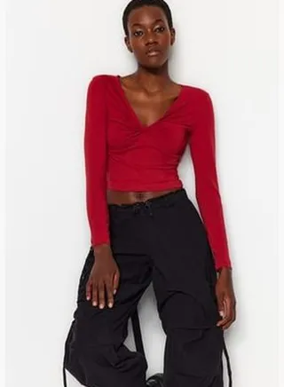 Claret Red Cotton with Stretchy Gathering around the chest, Fitted/Simple Crop Knitted Blouse TWOAW24BZ00098.