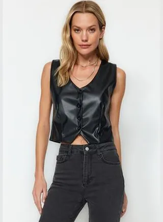 Black Button Detailed Faux Leather Knitted Vest TWOAW24YE00104