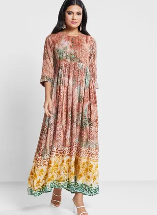 Puff Sleeve Front Button Flared Dress