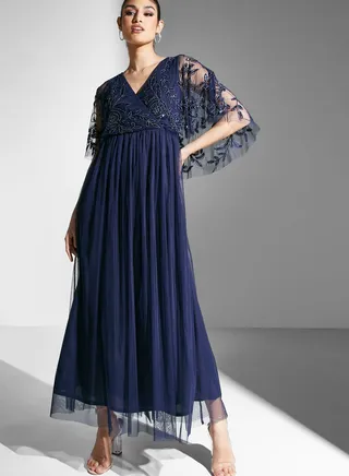 Embellished Bodice Dress With Mesh Sleeves