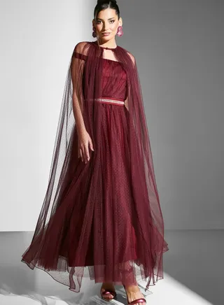 Embellished Waist Gown With Cape