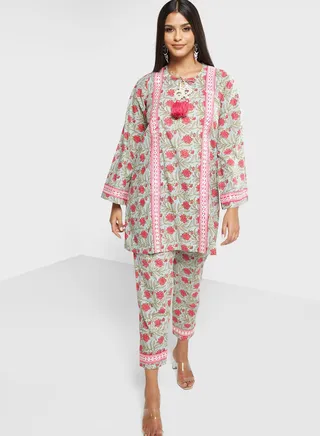 Flute Sleeve Printed Kurti & Pants Set