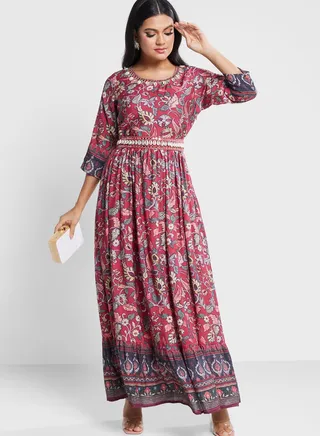Tie Detail Printed Flared Dress