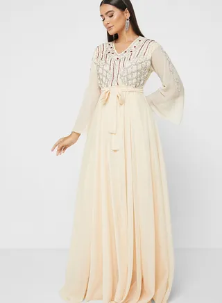 Flute Sleeve Embellished Tiered Dress