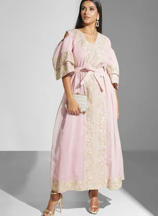 Ruffle Sleeve Belted Embellished Dress