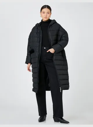 Hooded Faux Fur Pockets Oversize Long Puffer Coat