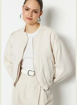 Ecru Oversized Tweed Bomber Jacket Coat TWOSS23MO00052