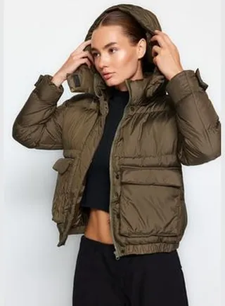 Khaki Oversize Removable Hooded Water Repellent Puffer Jacket TWOAW24MO00234