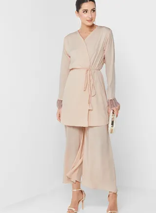 Belted Abaya & Pants Set