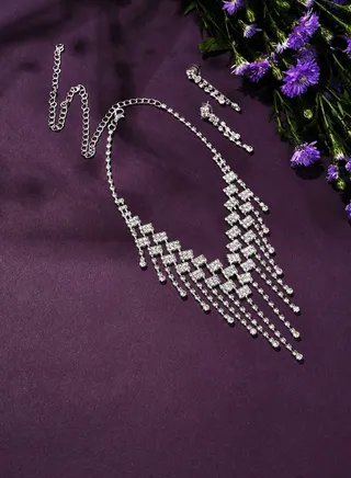 Silver Plated Designer Stone Necklace and Earring Set
