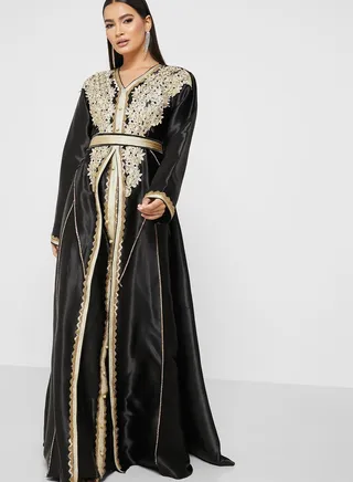 Embellished V-Neck Belted Dress