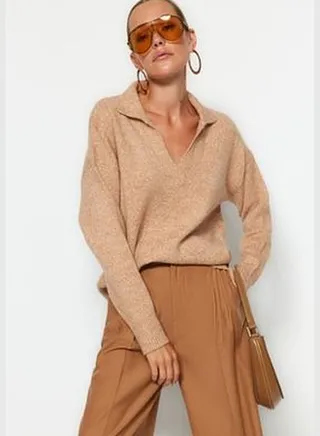 Camel Cotton Polo Collar Knitwear Sweater TWOAW24KZ00089
