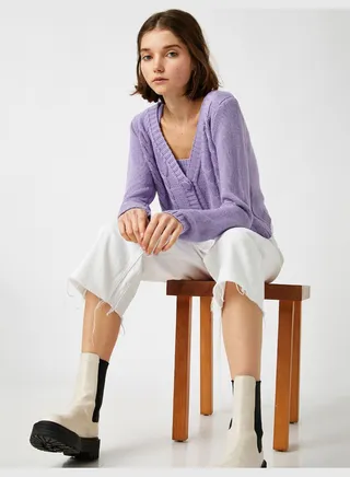Button Cable Knit Cardigan Set