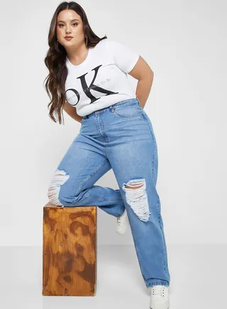 High Waist Straight Leg Distressed Jeans