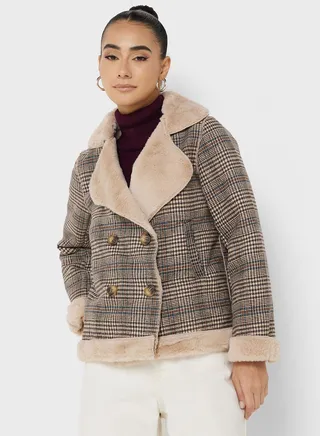 Check Print Fur Coat