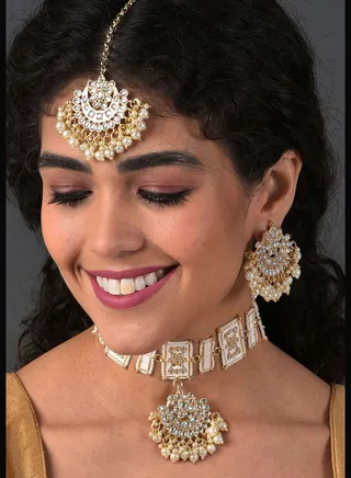 Gold Plated Kundan Pearl Necklace, Earrings and Maang Tikka Set