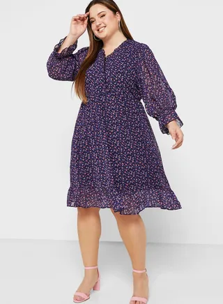 Cuff Sleeve Printed Dress
