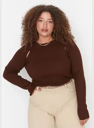 Brown Cut Out Detailed Knitwear Sweater TBBAW23AN00096