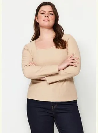 Beige Square Collar Knitted Blouse TBBAW24AF00037