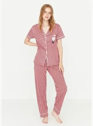Pink Striped Animal Print Shirt-Pants and Knitted Pajamas Set THMSS21PT0878
