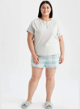 Regular Fit Short Sleeve Check Print Big Size Pyjama Set